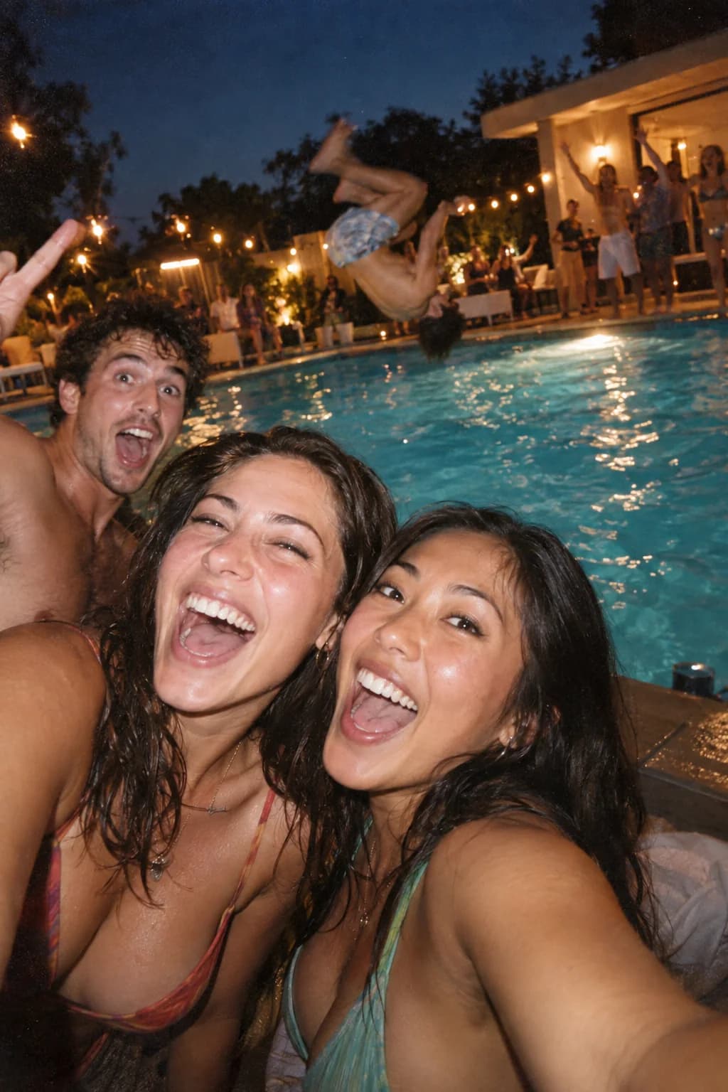Friends taking a poolside selfie during a backflip